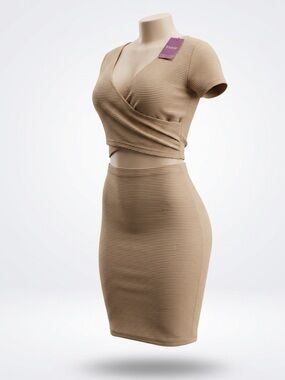 Ribbed Beige Two-Piece Crop Top & Pencil Skirt Set